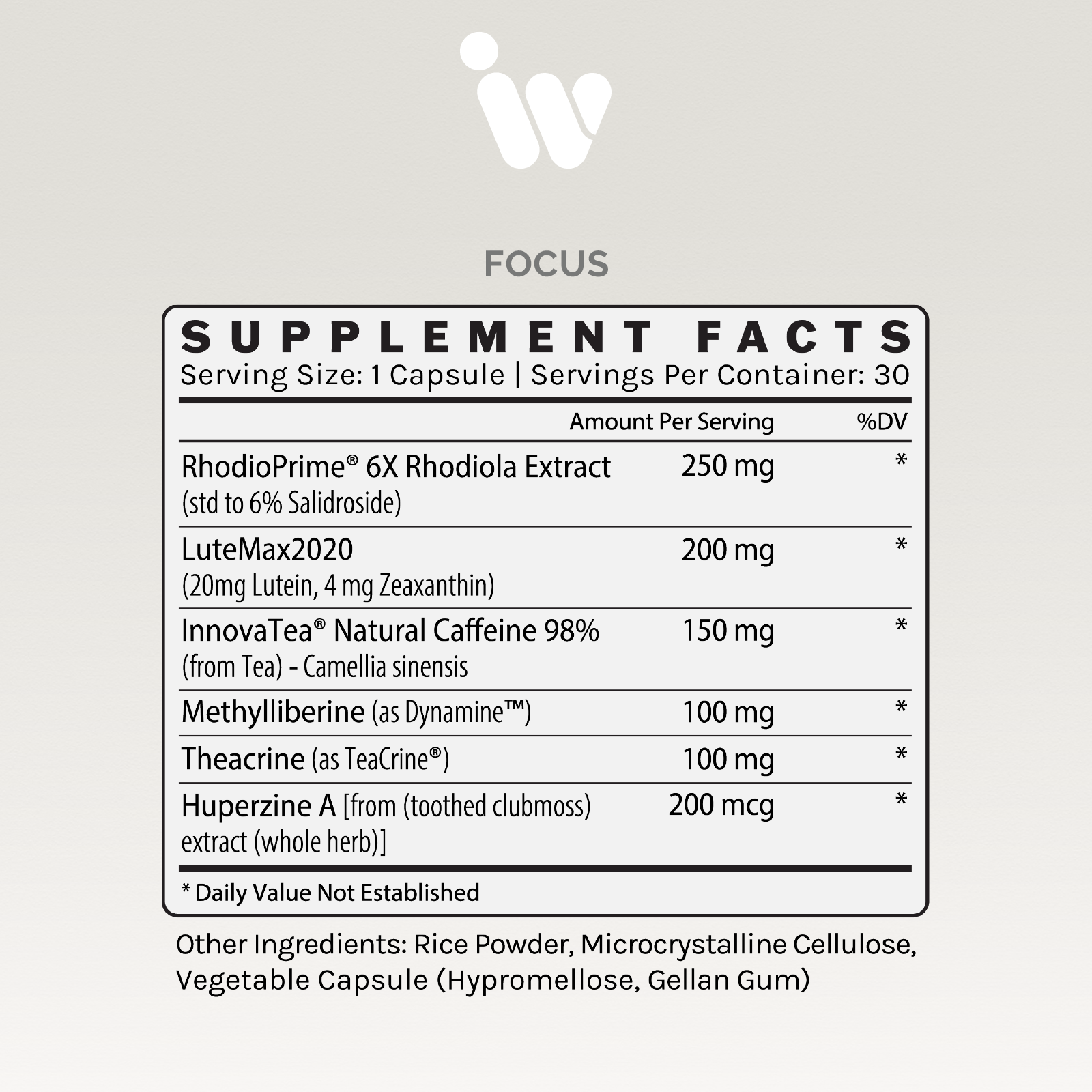 Supplement facts panel listing ingredients and dosages per serving, including Rhodiola, Lutein, caffeine, and more.