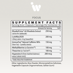 Supplement Facts panel for InfiniWell Focus Complete Nootropic dietary supplement showing serving size, active ingredients, and other ingredients.