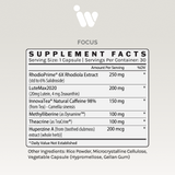 Supplement facts panel listing ingredients and dosages per serving, including Rhodiola, Lutein, caffeine, and more.