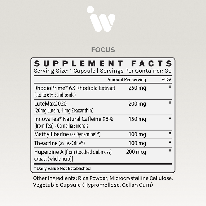 Supplement Facts panel for InfiniWell Focus Complete Nootropic dietary supplement showing serving size, active ingredients, and other ingredients.