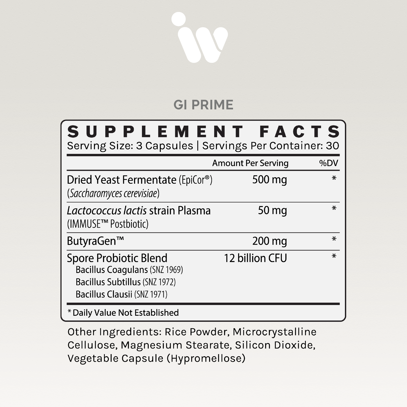 Supplement facts panel showing probiotic blend details and other ingredients.