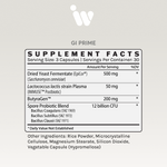 Supplement Facts panel for InfiniWell GI PRIME prebiotic, probiotic, and postbiotic dietary supplement.