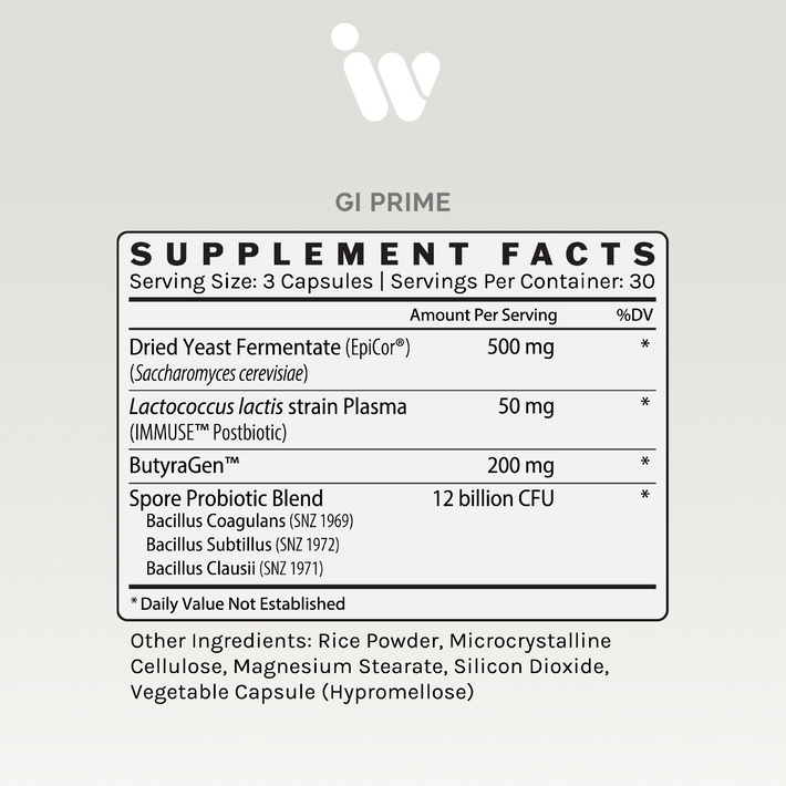 Supplement Facts panel for InfiniWell GI PRIME prebiotic, probiotic, and postbiotic dietary supplement.