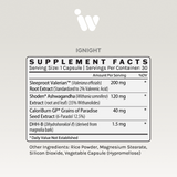 Supplement facts panel listing ingredients and dosages per serving, including Valerian root, Ashwagandha, and Grains of Paradise extracts.
