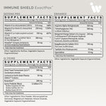Supplement facts panel showcasing various vitamins, minerals, and herbal extracts; serving sizes and amounts clearly listed.