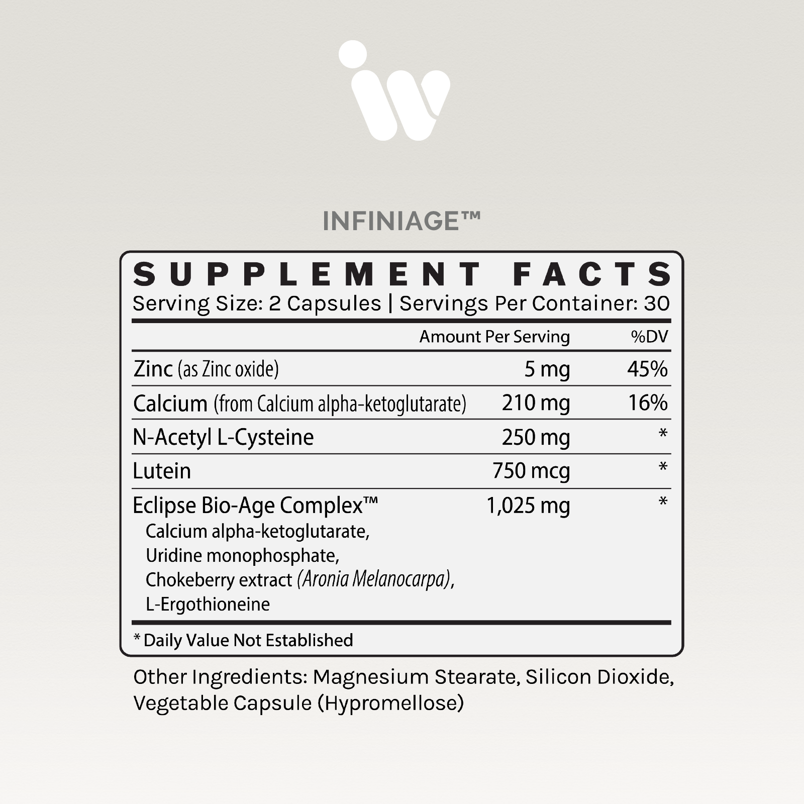 Supplement facts label showing detailed ingredient amounts per serving, including zinc, calcium, and a Bio-Age Complex.