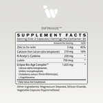 Supplement Facts panel for InfiniWell InfiniAGE showing serving size, key ingredients, dosage, and other ingredients.