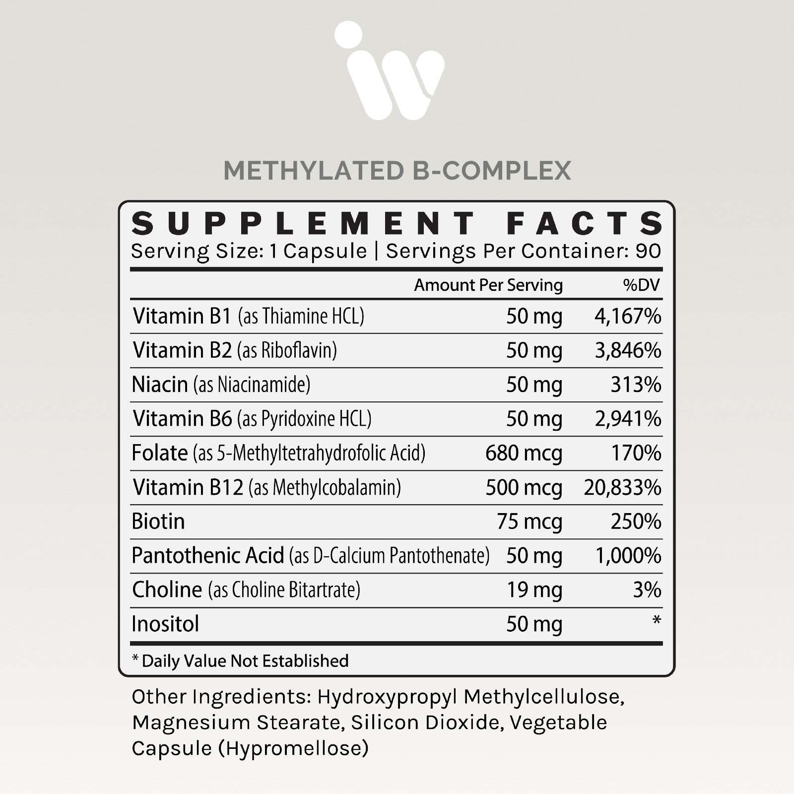 Supplement facts label showing detailed vitamin B-complex content per serving, including percentages of daily value.