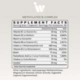 Supplement facts label showing detailed vitamin B-complex content per serving, including percentages of daily value.
