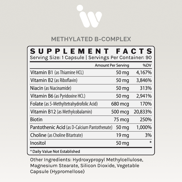 Supplement Facts panel for Infiniwell Methylated B-Complex showing B vitamins, serving size and daily values