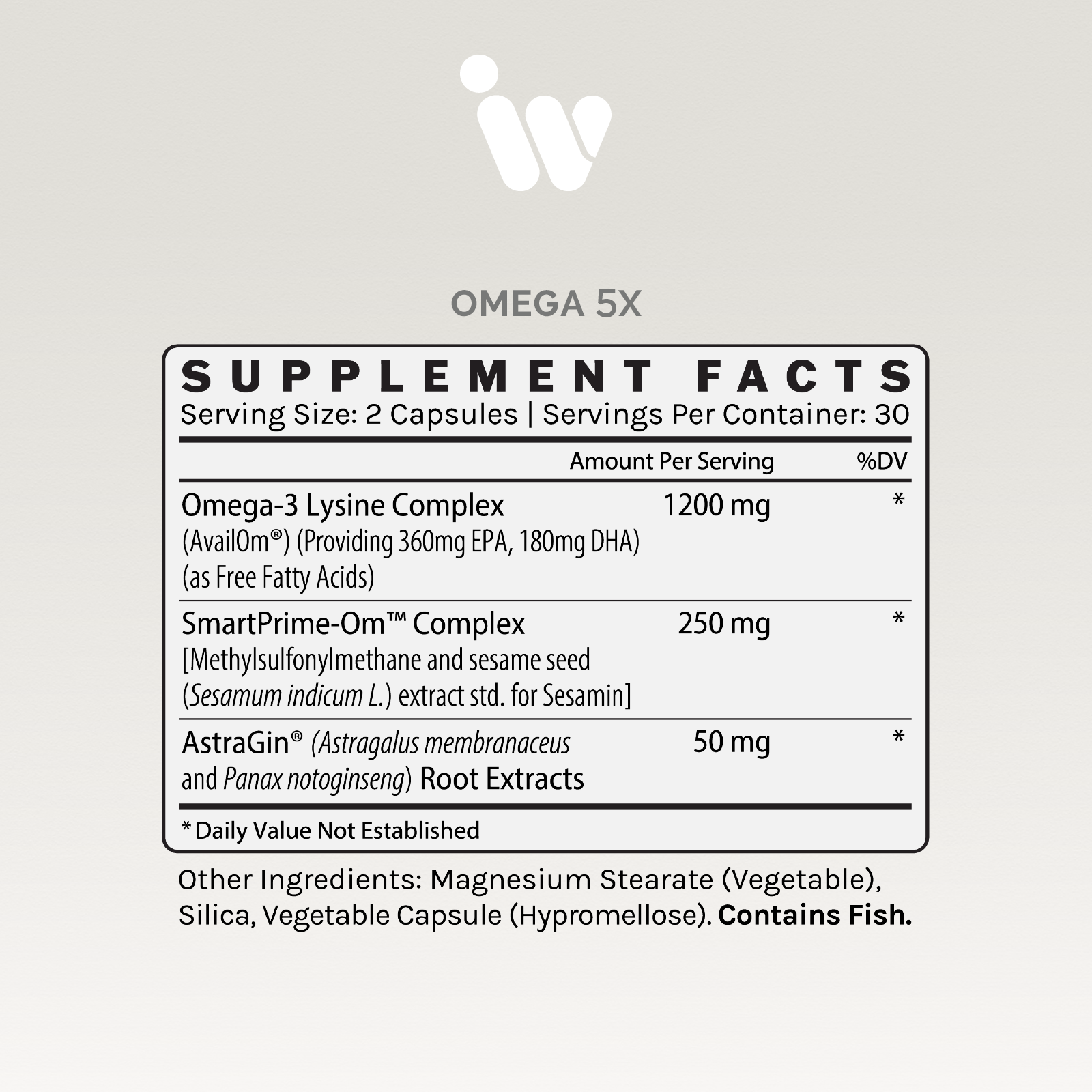 Supplement facts panel showing detailed ingredient amounts per serving, including Omega-3s and herbal extracts.