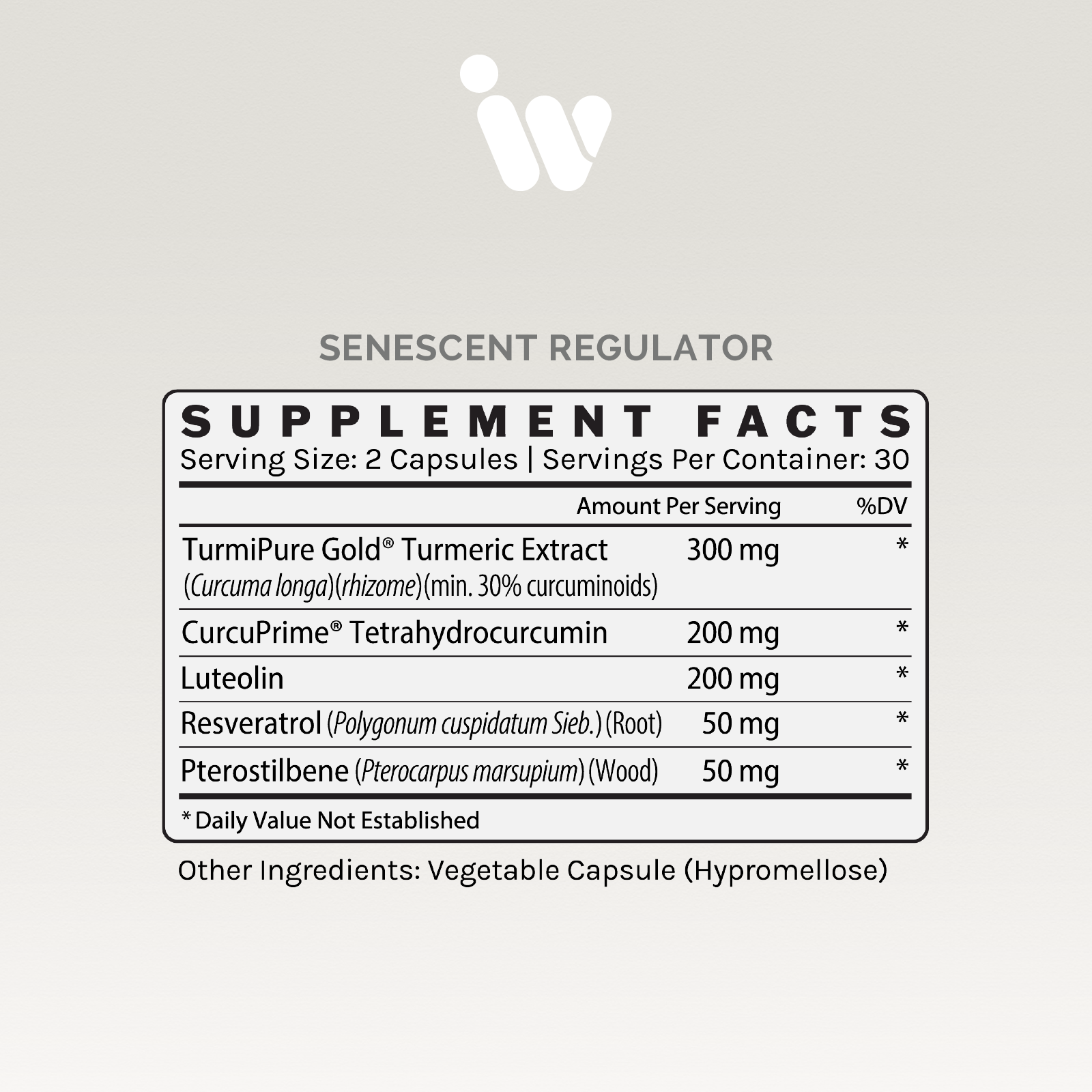 Supplement facts panel listing serving size, ingredients, and amounts per serving.