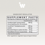 Supplement Facts panel for InfiniWell Senescent Regulator showing serving size, active ingredients, and other ingredients.