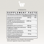 Supplement Facts panel for InfiniWell STRENGTH showing serving size, key ingredients, dosage amounts, and other ingredients.