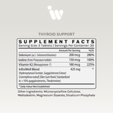 Supplement facts panel showing thyroid support ingredients per serving, including selenium, iodine, vitamin K2, and InfiniWell blend.