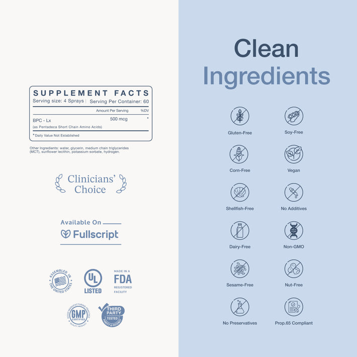 InfiniWell BPC-Lx Pro supplement facts panel with clean ingredient icons and certification badges.