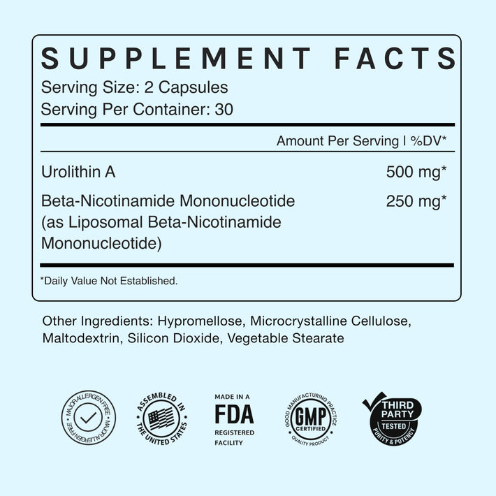Supplement facts panel showing serving size, ingredients, and certification icons on a light blue background