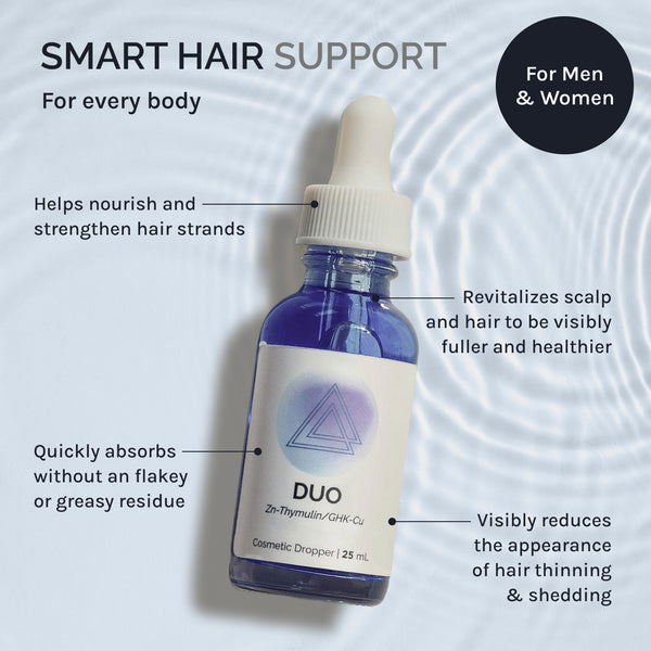 Infiniwell DUO serum bottle with benefit callouts for hair support, scalp care and reduced hair thinning appearance