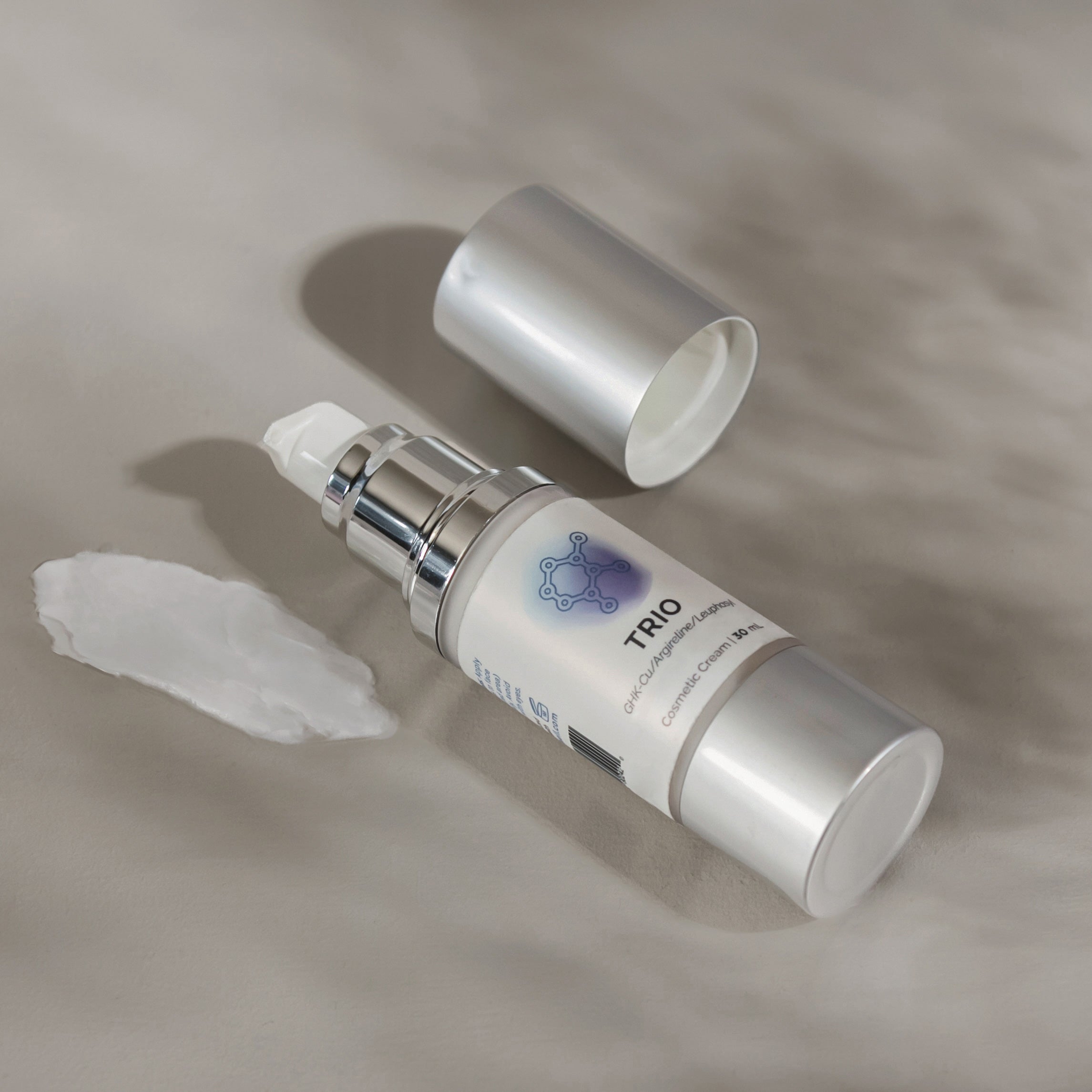 TRIO GHK-Cu/Argireline/Leuphas Cosmetic Cream, 30ml, silver pump bottle & white cream