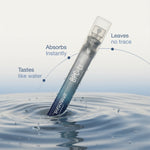 InfiniWell BPC-Lx Pro oral spray bottle partially submerged in water with product feature callouts.