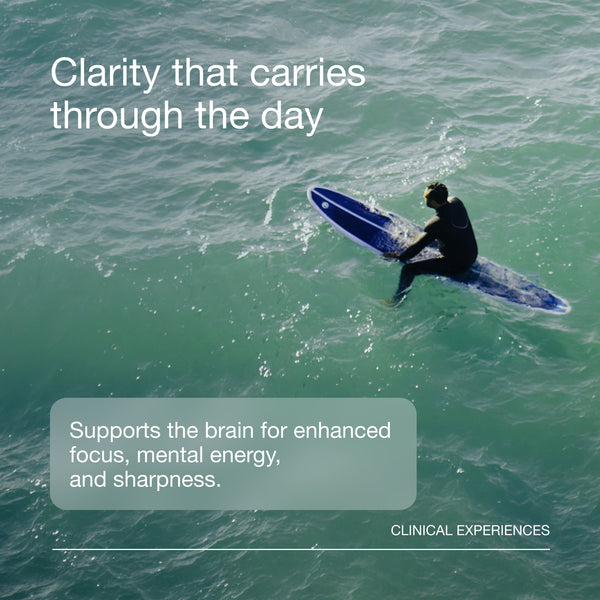 Person surfing on a blue surfboard with text about brain support and clinical experiences.