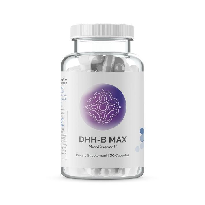 Infiniwell DHH-B MAX Mood Support supplement bottle with 30 capsules on transparent background showing product packaging
