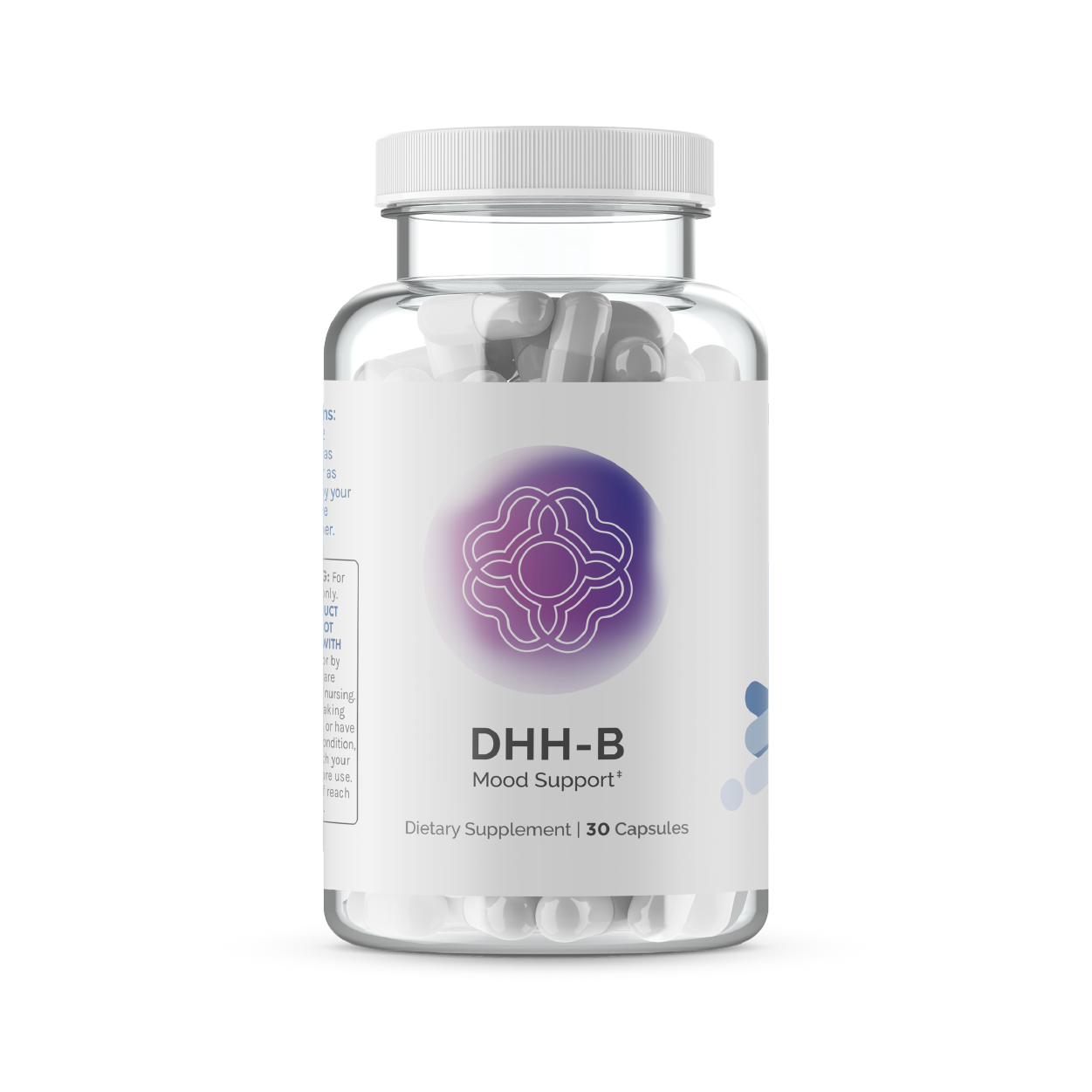 Clear bottle of mood support supplement capsules; 30 capsules.