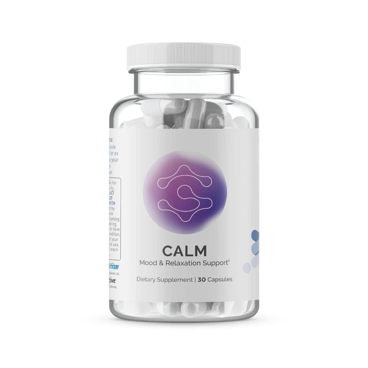 Clear bottle of mood support supplement capsules; 30 capsules.