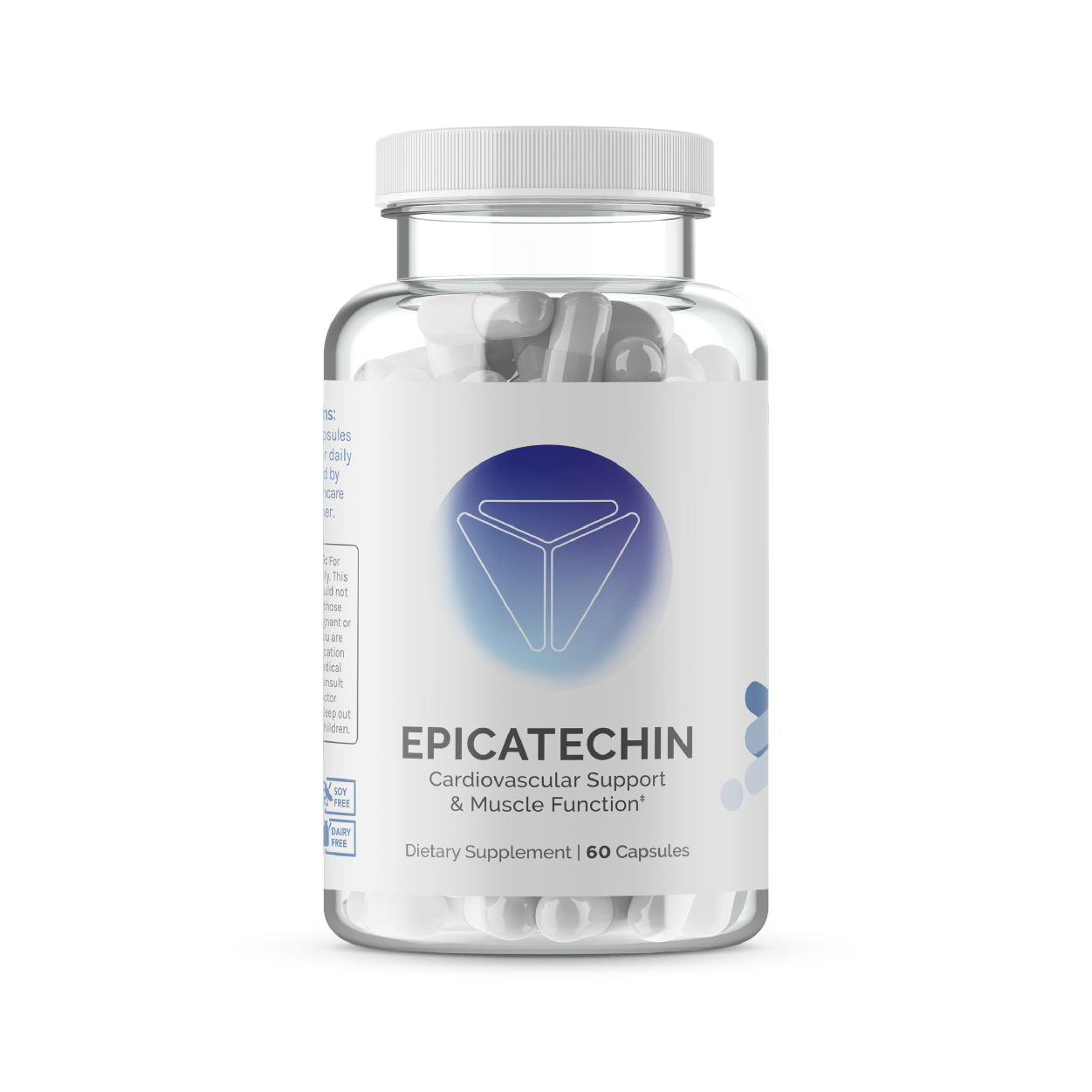 Clear bottle of dietary supplement capsules; promotes cardiovascular and muscle health.