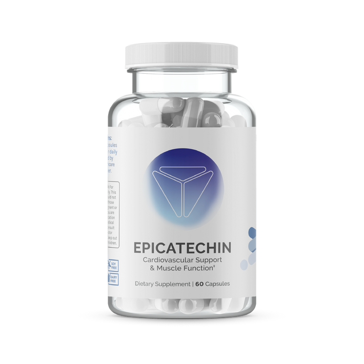 Infiniwell Epicatechin cardiovascular and muscle function supplement bottle with 60 capsules, transparent background