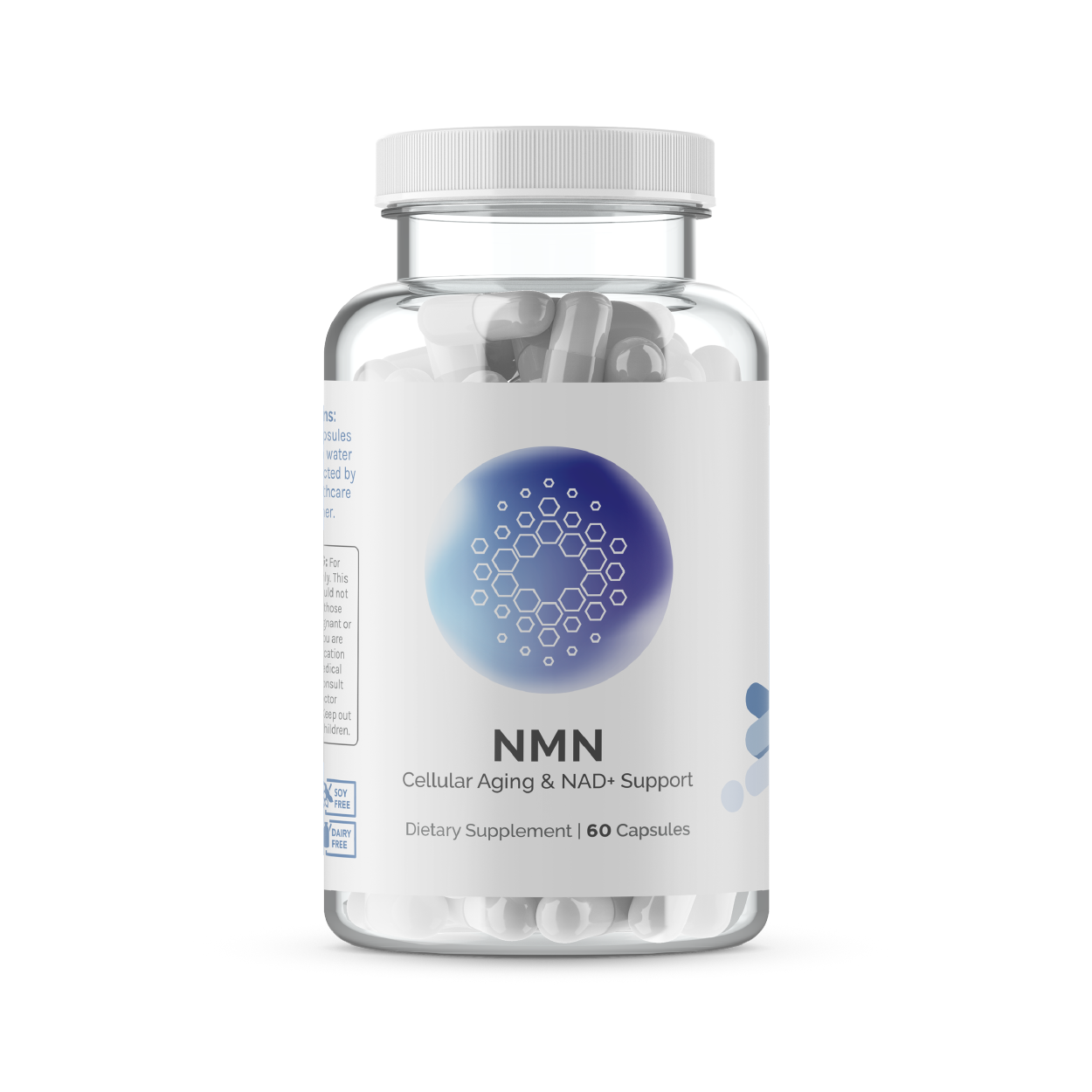 NMN supplement bottle; 60 capsules, cellular aging support.