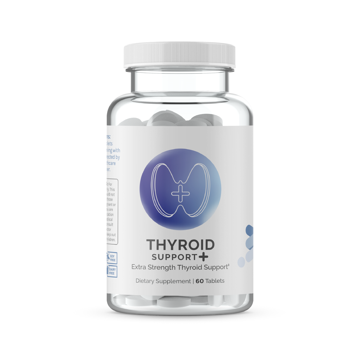 Clear bottle of dietary supplement tablets;  thyroid support formula.