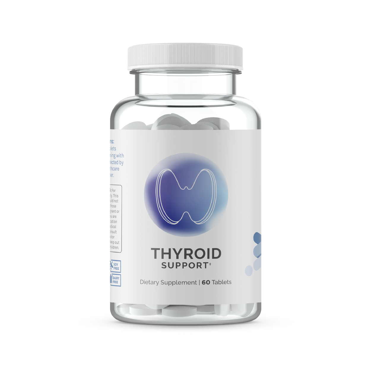 Clear bottle of thyroid support dietary supplement pills; 60 tablets.