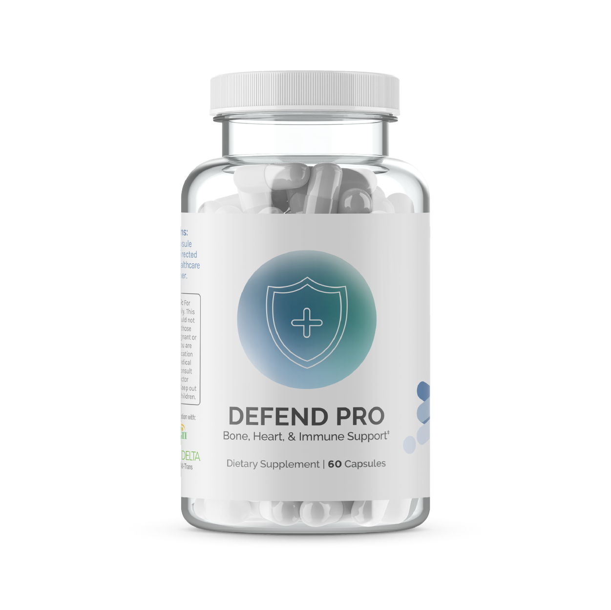 Clear bottle of dietary supplement capsules; bone, heart, and immune support.