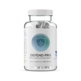 Clear bottle of dietary supplement capsules; bone, heart, and immune support.
