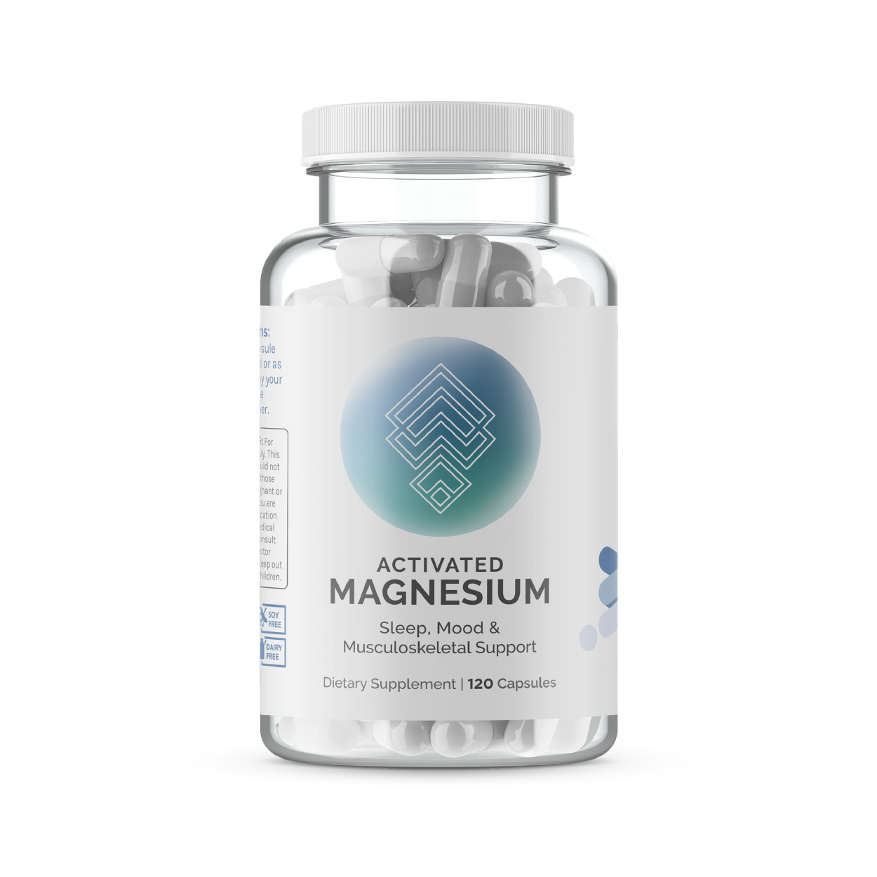 Clear bottle of magnesium supplement capsules; 120 count, supports sleep, mood & musculoskeletal health.