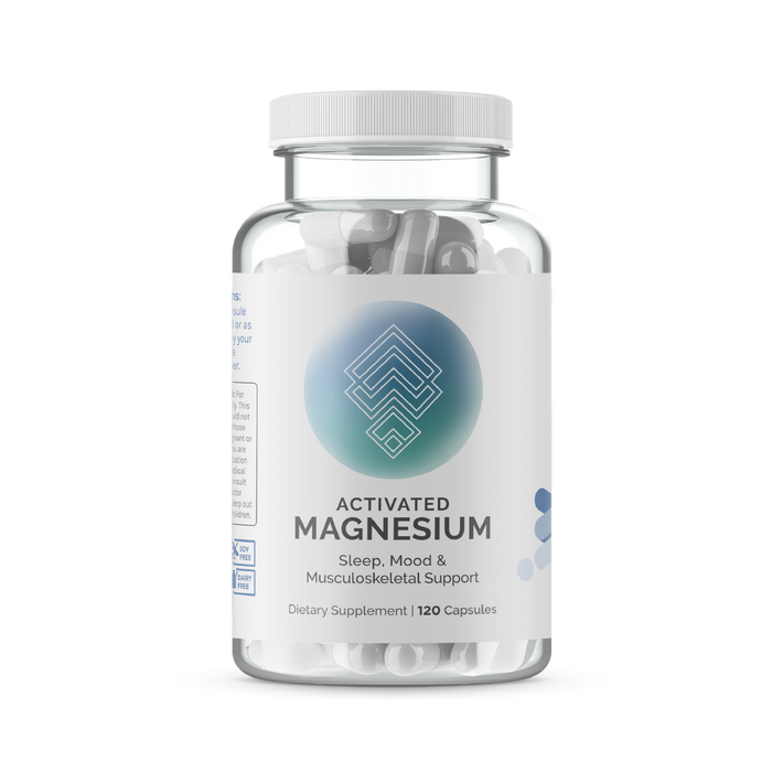 Infiniwell Activated Magnesium supplement bottle with 120 capsules on transparent background showing product packaging