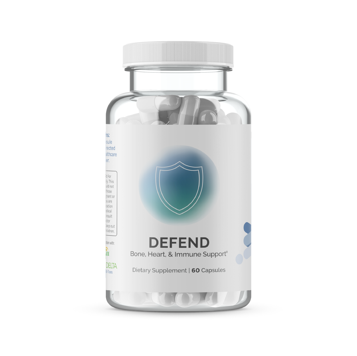 Clear bottle of bone, heart, and immune support capsules.