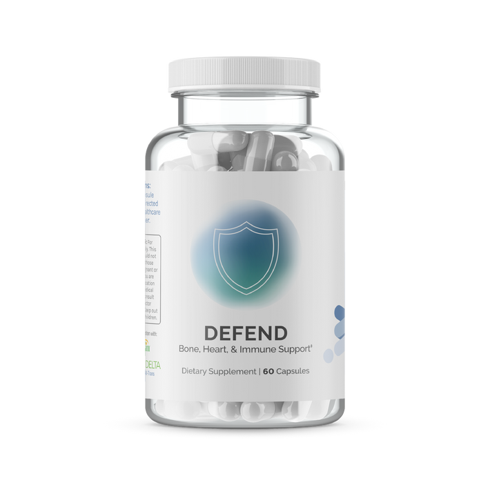InfiniWell Defend dietary supplement bottle with 60 capsules, front product label on transparent background.