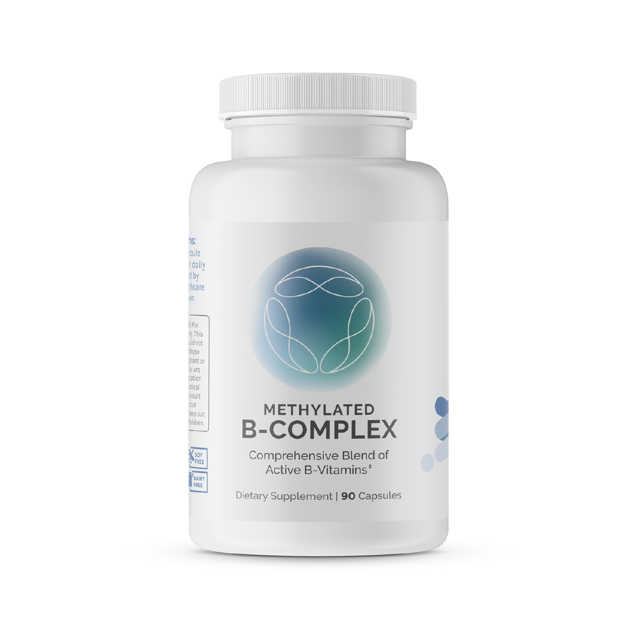 Methylated B-Complex supplement bottle, 90 capsules, showing a comprehensive blend of active B vitamins.