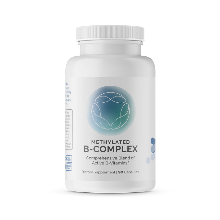 Infiniwell Methylated B-Complex supplement bottle with 90 capsules on transparent background showing product packaging