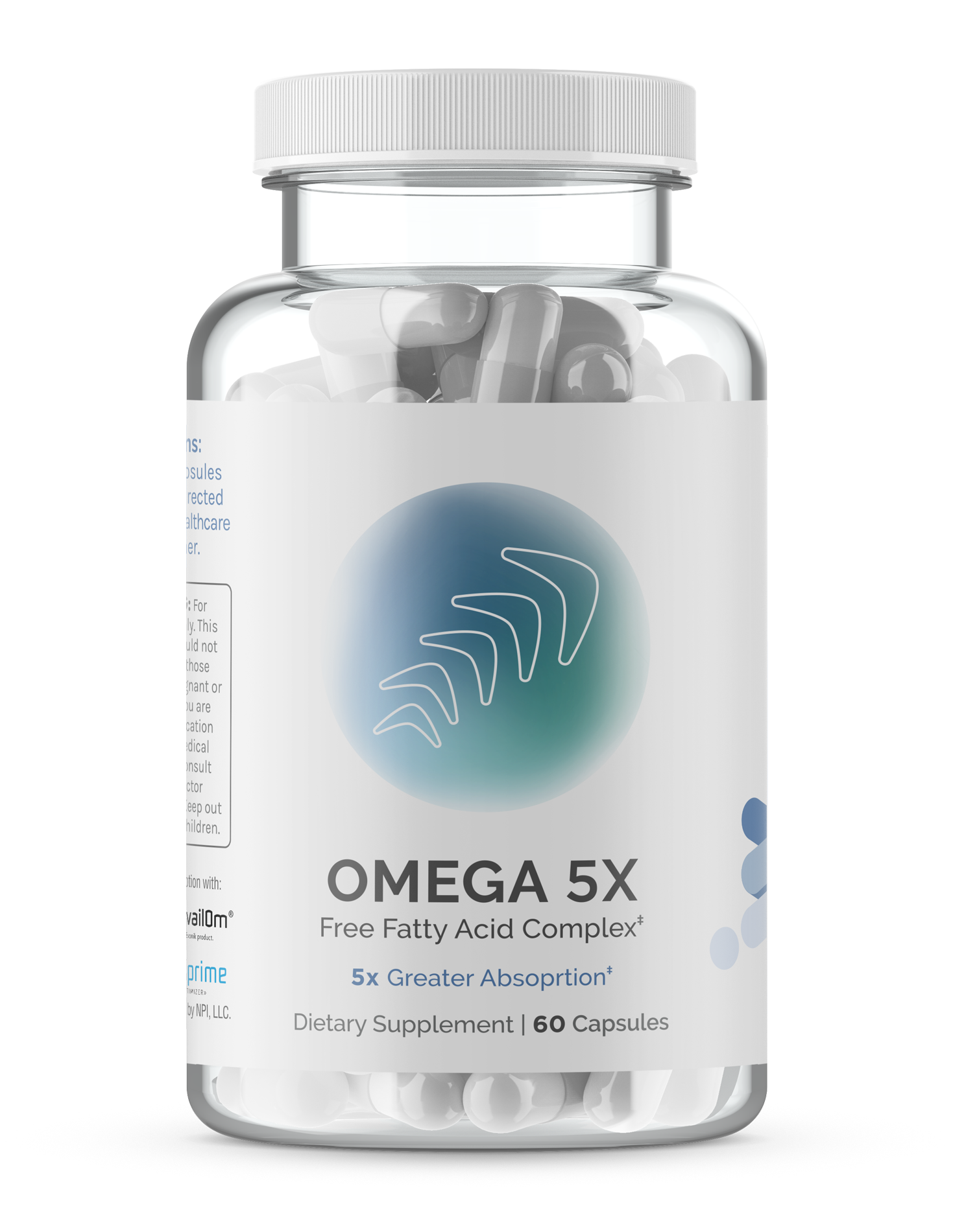Clear bottle of omega-3 fatty acid supplement capsules; 60 servings.