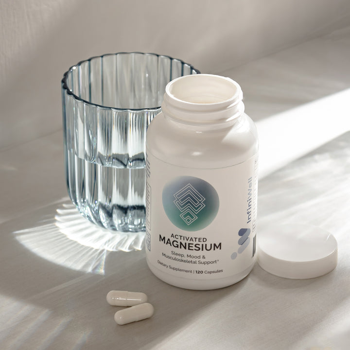 White magnesium supplement bottle, two capsules, and glass of water; supports sleep, mood, and musculoskeletal health.
