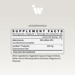 Supplement Facts panel for InfiniWell Akkermansia supplement showing Akkermansia, Sunfiber prebiotic, and serving size.