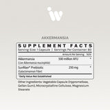 Supplement facts panel showing Akkermansia muciniphila count and other ingredients.

