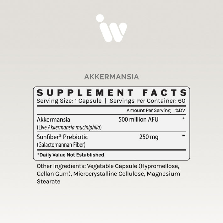 Supplement Facts panel for InfiniWell Akkermansia supplement showing Akkermansia, Sunfiber prebiotic, and serving size.