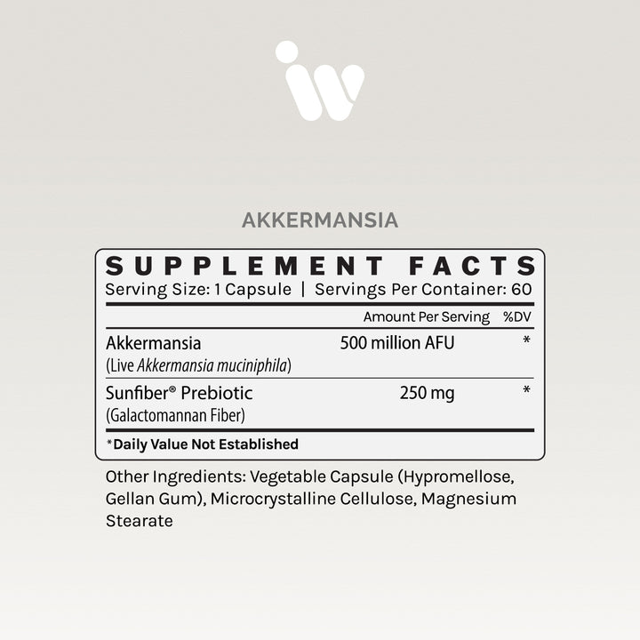 Supplement facts panel showing Akkermansia muciniphila count and other ingredients.
