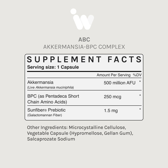 ABC Akkermansia-BPC-Complex: 60 capsules, prebiotic, live probiotic & peptide dietary supplement for gut & metabolism optimization.
