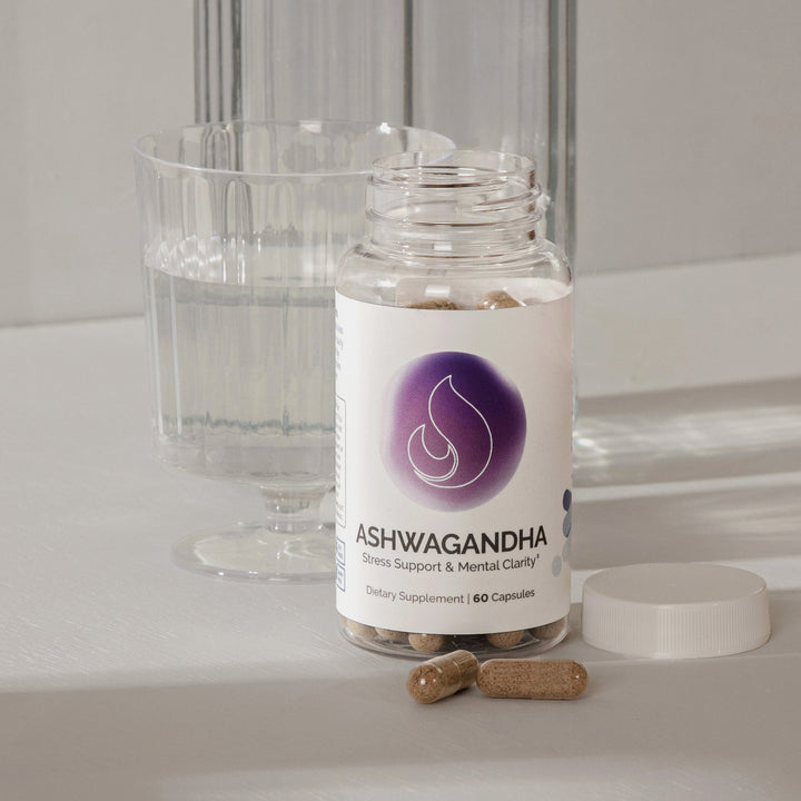Ashwagandha capsules in a clear bottle, promoting stress relief and mental clarity; 60 capsules.
