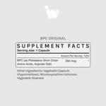 Supplement Facts panel for Infiniwell BPC Original showing serving size, 250 mcg BPC and other ingredients